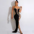 thumbnail image 3 of Vestidos de noche sexys con cristales y diamantes de imitación para mujer, vestidos de fiesta elegantes de malla transparente con retazos y abertura alta para discoteca y cumpleaños, 3 of 4