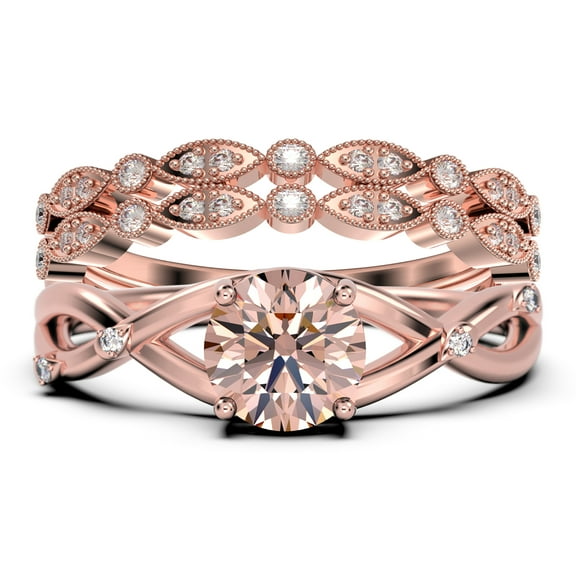 Gorgeous Rings Boho & hippie 2.10 Carat Round Cut Morganite And Diamond Moissanite Engagement Ring, Unique Wedding Ring, Trio Rings Set in 925 Sterling Silver With 18k Rose Gold Plating, Promise Ring