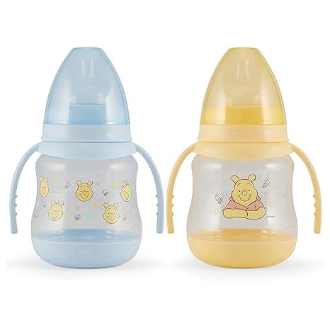 Disney 2 Pack 7 Ounce Baby Bottles with Character Prints and Colored Covers with Double Handle - BPA Free and Easy to Clean