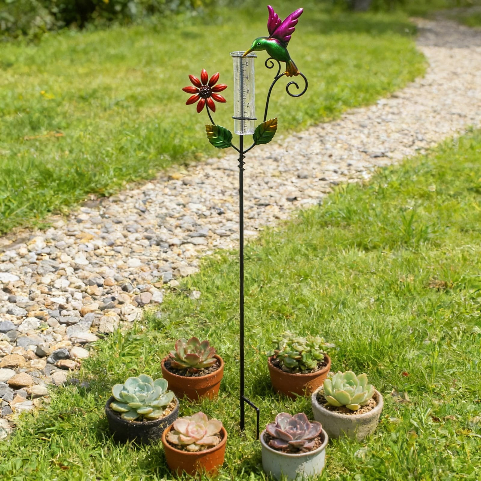 Metal Rain Gauge Outdoor 35.43 Inch with Stake, Tube Rain Measure Gauge Decorative Branch, Ironwork Rainwater Collector Glass Measuring Cup for Garden Patio Yard Lawn