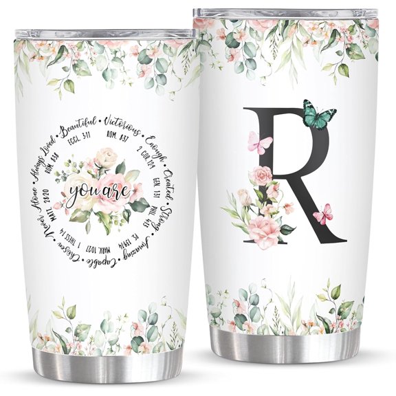 Personalized Initial R Tumbler 20oz, Monogrammed Gift for Women Birthday Mothers Day Religious Gift, Personalized Christian Gift for Women Initial Coffee Mug