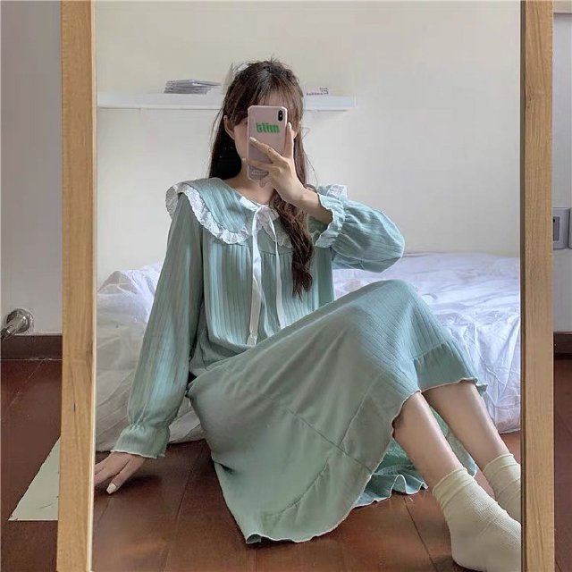Pijama de manga larga para mujer, cuello de muñeca sobre la rodilla, corte de hada, estilo coreano, ropa de hogar, estilo princesa para mujer