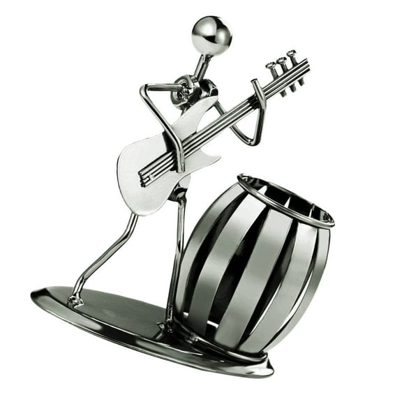 Phenofice Silver Iron Musician Guitar Player Statue Pen Holder Desktop Organizer Ornament