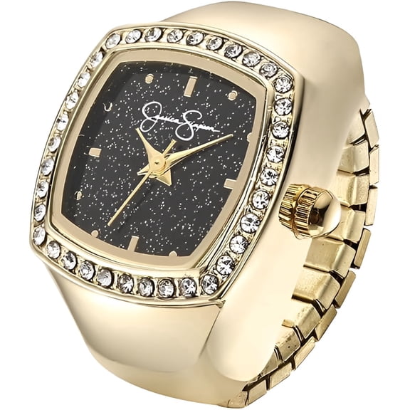 Jessica Simpson Women's Gold Adjustable Ring Watch – Crystal Bezel, Quartz Analog Mini Dial, Stretch Band Fashion Jewelry Accessory
