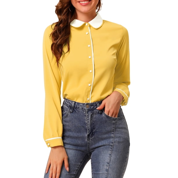 CAMISA DE BOTONES PARA MUJERES INSPIRE CHIC DE MANGA LARGA BLUSA CON COLLAR PETER PAN TAMAÑO S AMARILLO