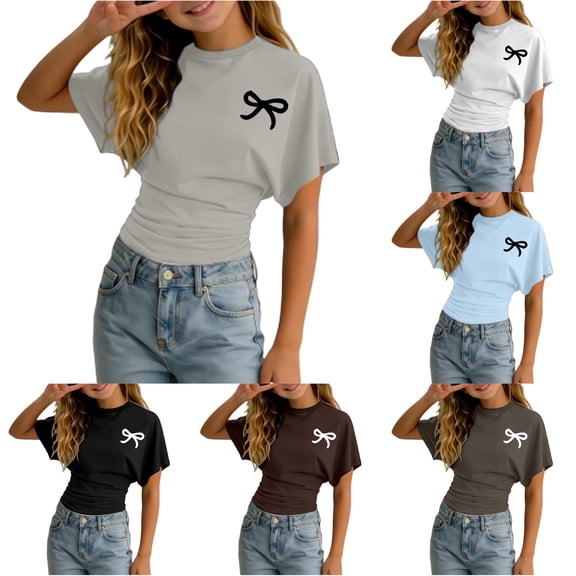 Byoo Tween Girl's Trendy T‑Shirt Bow Graphic Short‑Sleeve Tees Daily Tops
