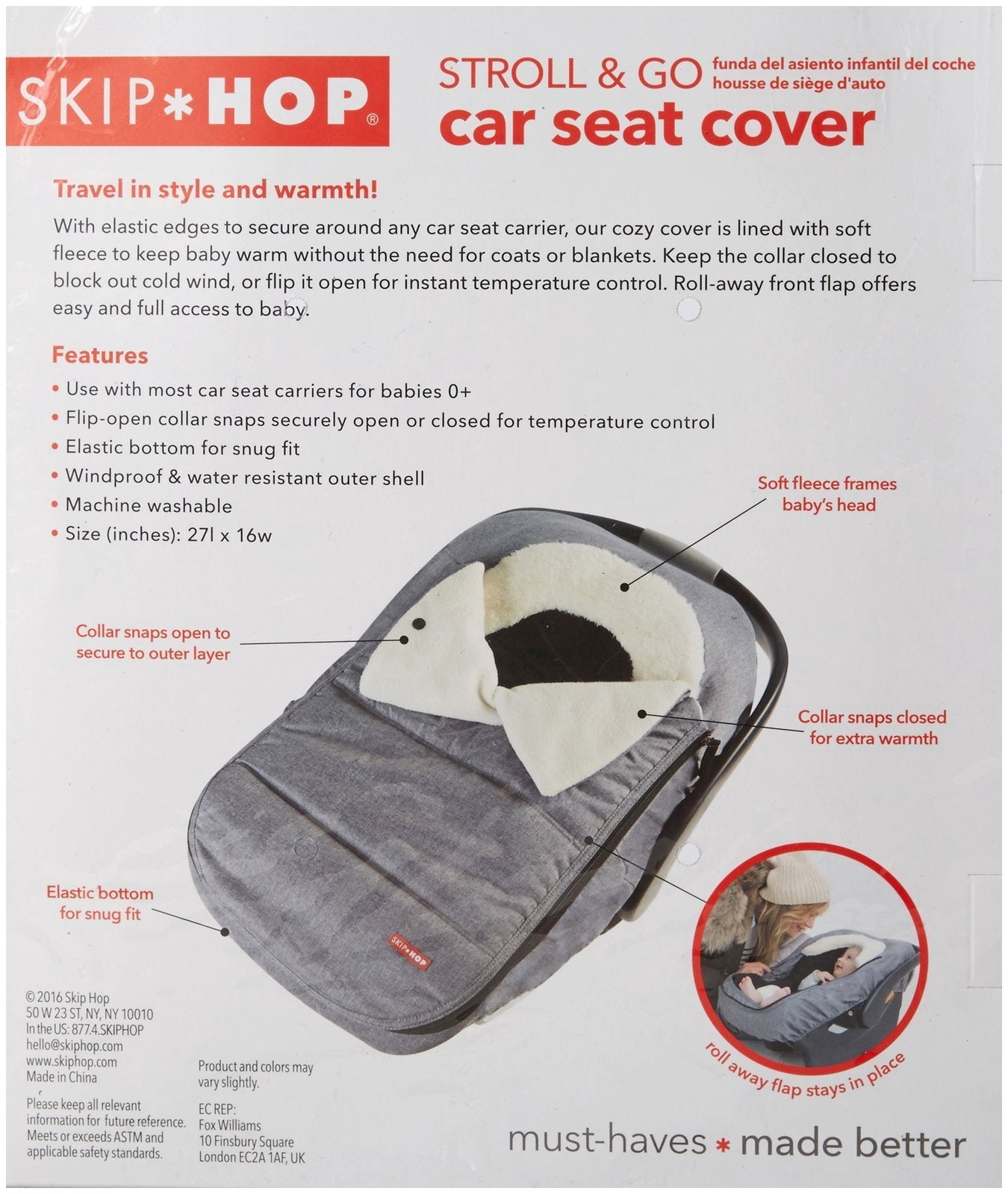 Stroll & Go Black Infant Car Seat Cover - Weather Resistant & Plush Fleece Lining for Babies