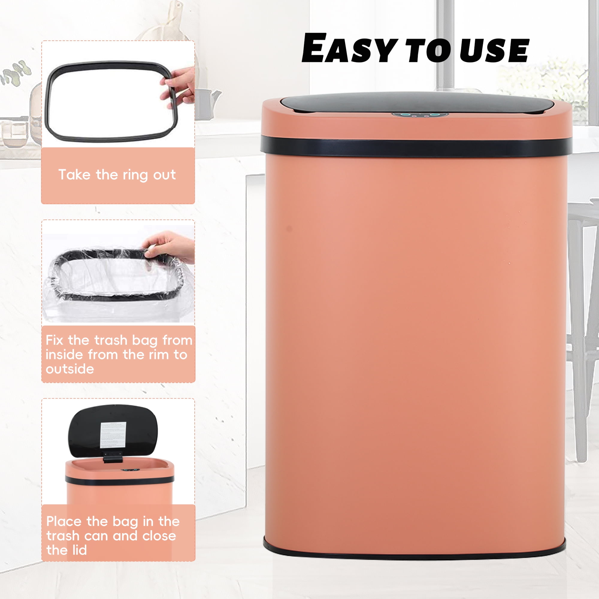 CL.HPAHKL 13 Gallon Kitchen Trash Can, Touchless Motion Sensor Trash Can 50 Liter High-Capacity Automatic Trash Cans Stainless Steel Garbage Can with Lid for Home Bathroom Bedroom Office, Pink