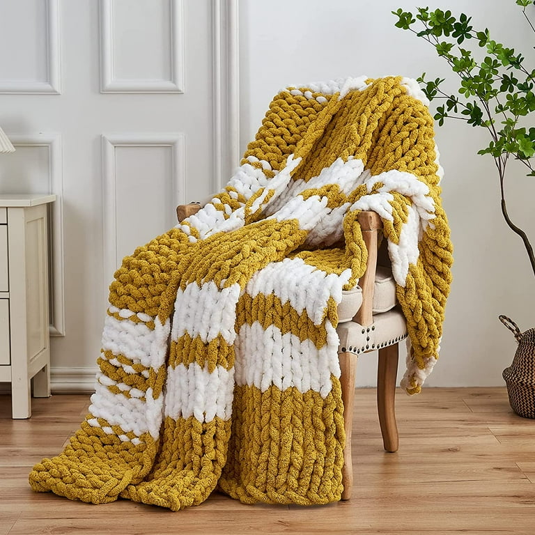 Longhui Bedding Handmade Chunky Knit Blankets Luxurious Chenille Cable Knit Throw Blanket Yarn for Couch Sofa and Bed Ultra Soft Decorative Mustard Yellow Christmas Blanket Machine Washable 51 x 63 Wa...