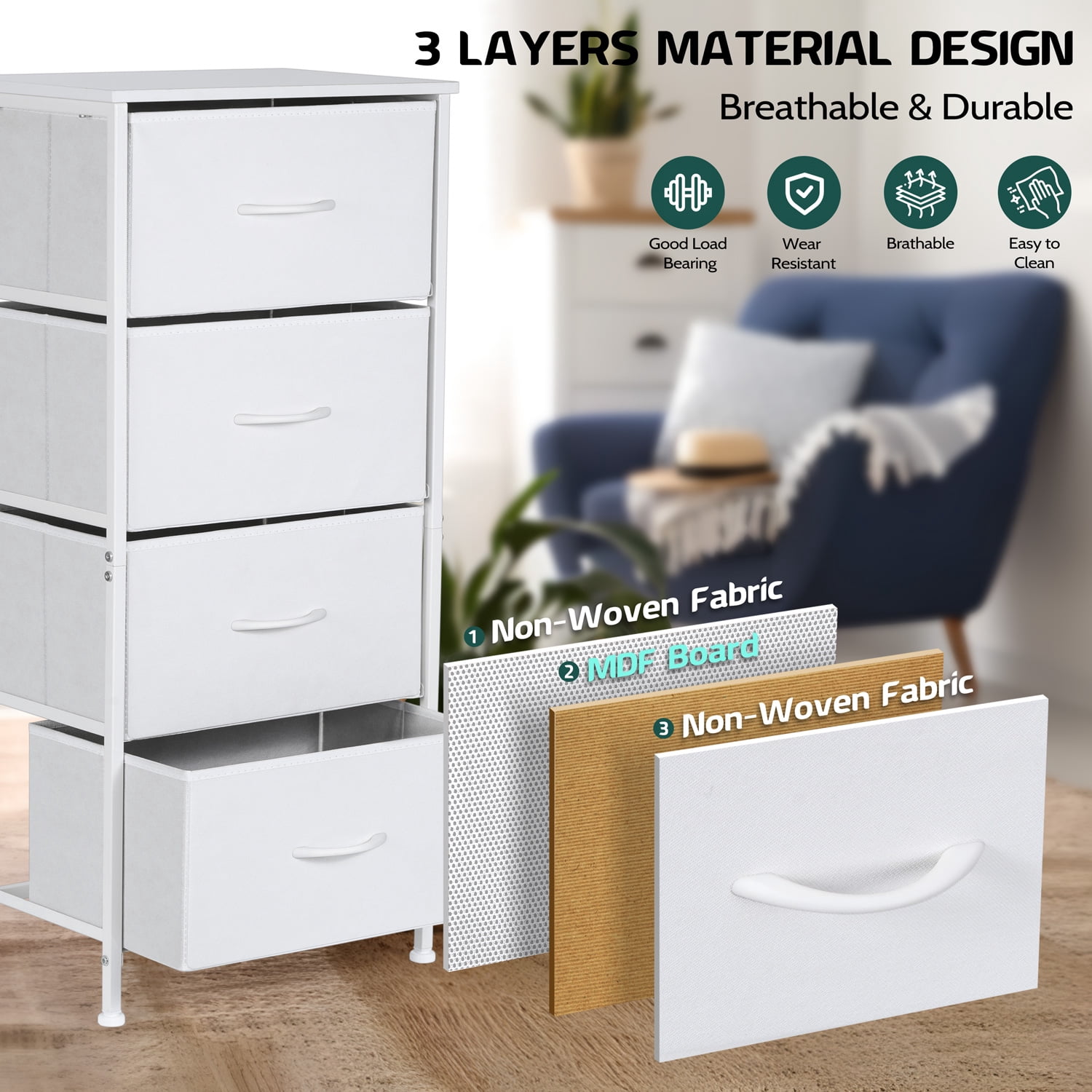 4 Drawers Dresser for Bedroom, Vesteel Fabric Chest of Drawers Tall Storage Tower with Wood Top and Sturdy Steel Frame, Storage Organizer Unit for Closet, Living Room, Hallway - White