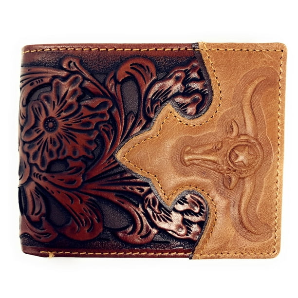 Texas West Western Mens Leather Longhorn Floral Tooled Laser Cut Lone