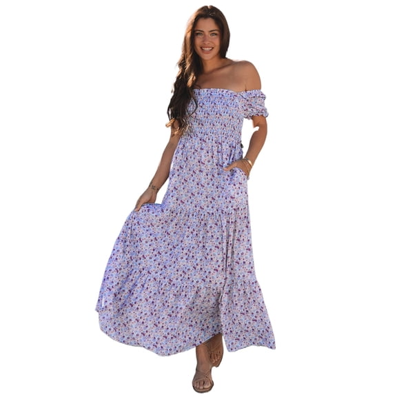 Elegant Purple Floral Maxi Dress with Short Bubble Sleeves and Shirred High Waist - [ZhiHiMeRi] | (US 12-14)L