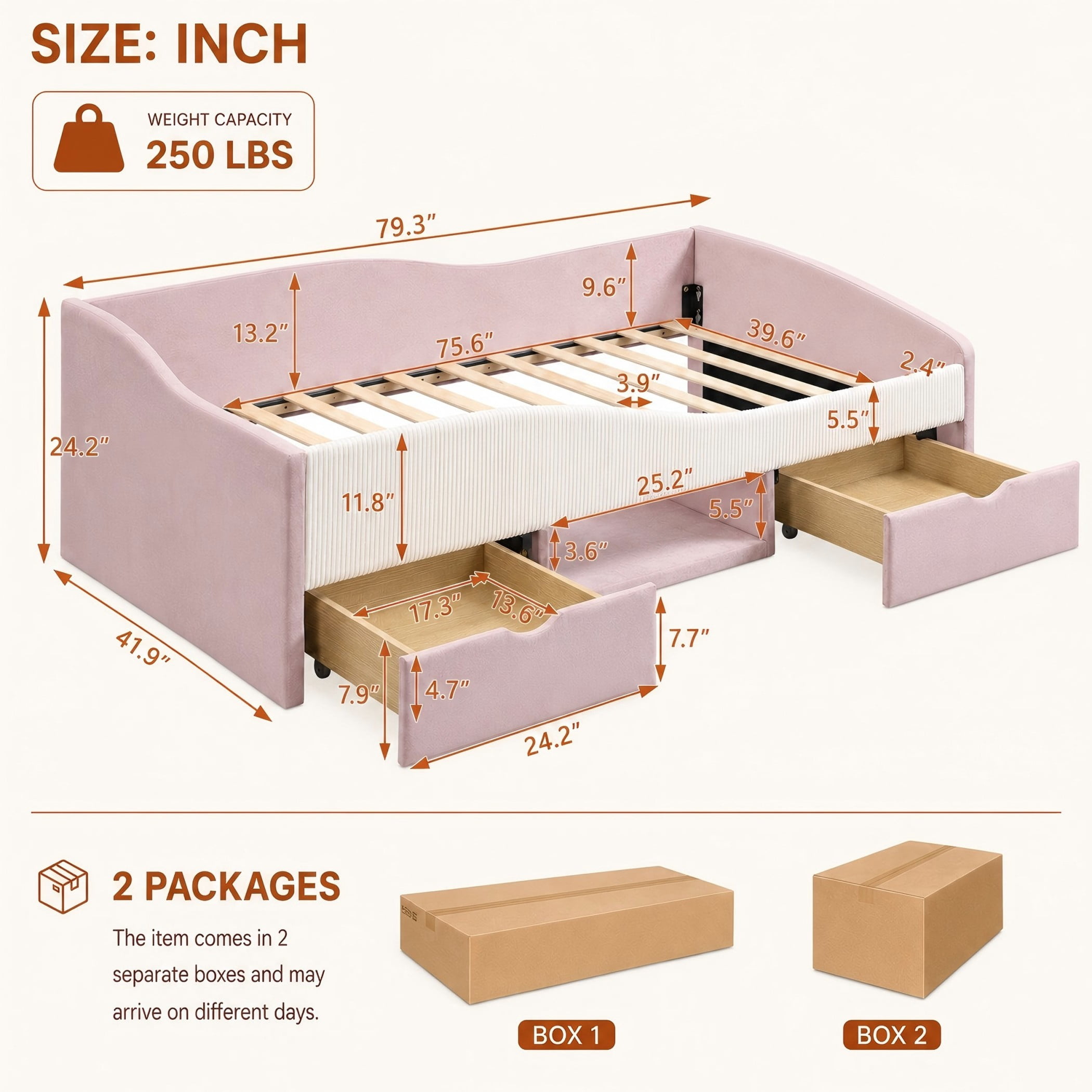 Aukfa Twin Size Upholstered Daybed with 2 Storage Drawers, Shelf and Curved Guardrails, Velvet Bed Frame, Pink