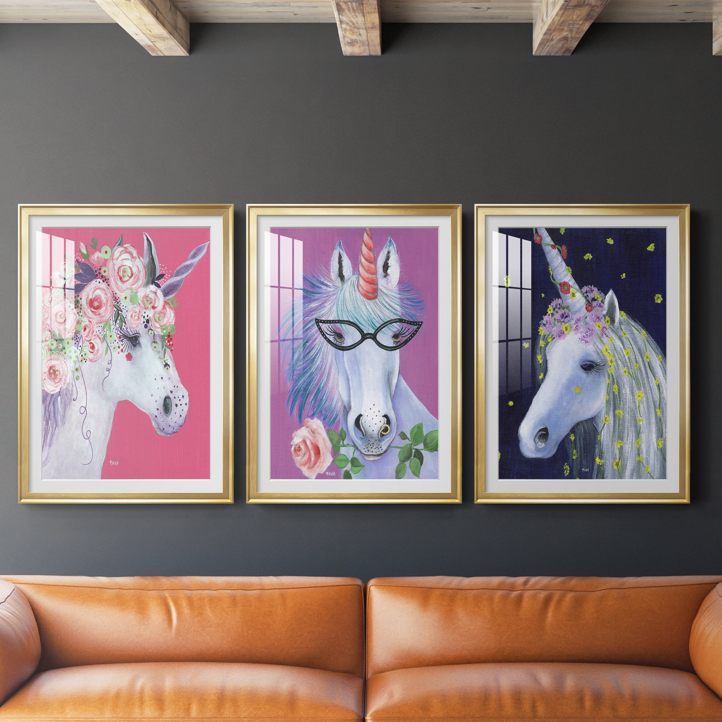 Unicorn II Premium Framed Prints Set of 3 - Ready to Hang - 30.5 x 42.5 Each - Gold Frame