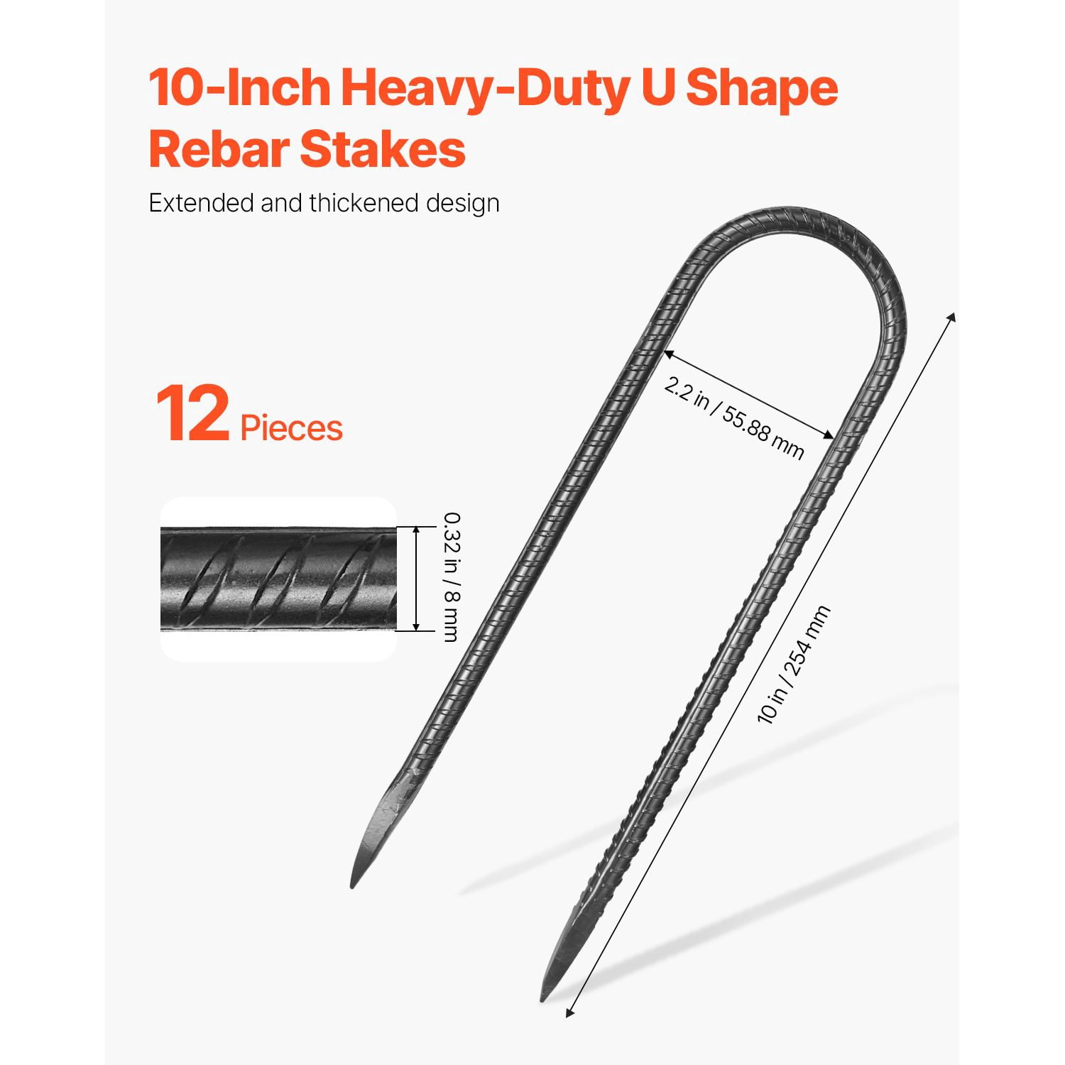 10-Inch 12 Pack U Shape Rebar Stakes, Galvanized Steel with Black Powder Coating, Chiseled Tip 60°, for Anchoring Fences, Tents, Trampolines & Outdoor Equipment