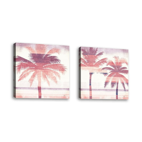 Set of 2 - Beachscape Palms III Pink Purple - Contemporary Fine Art Giclee on Canvas Gallery Wrap - wall décor - Art painting - 24 x 24 Inch - Ready to Hang