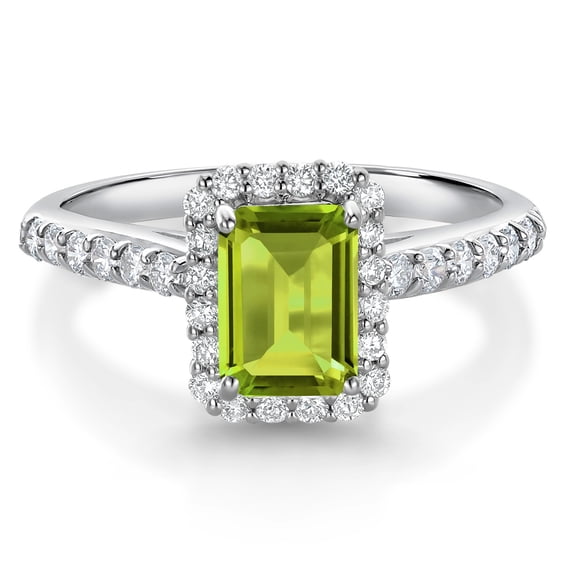 Gem Stone King 10K White Gold Green Peridot and White Lab Grown Diamond Halo Engagement Wedding Ring for Women (1.34 Cttw, Emerald Cut 7X5MM, Size 5)