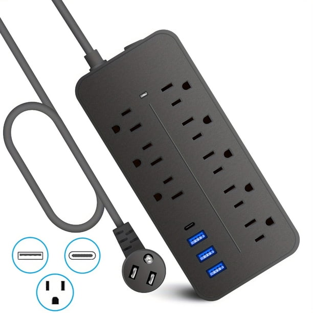 Protector de sobretensión, regleta de alimentación, cable de extensión con múltiples salidas, enchufe plano ultrafino de 4 pies, 8 salidas, 4 puertos USB (1 USB C)