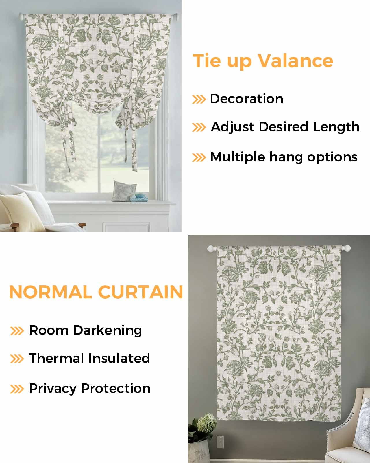 Spring Flowers Tie Up Curtains for Window, Thermal Insulated Balloon Shade Adjustable Rod Pocket Curtains Valance Panels for Kitchen Bathroom Cafe 42 x 45 Farmhouse Sage Green Pastoral Floral Leaf
