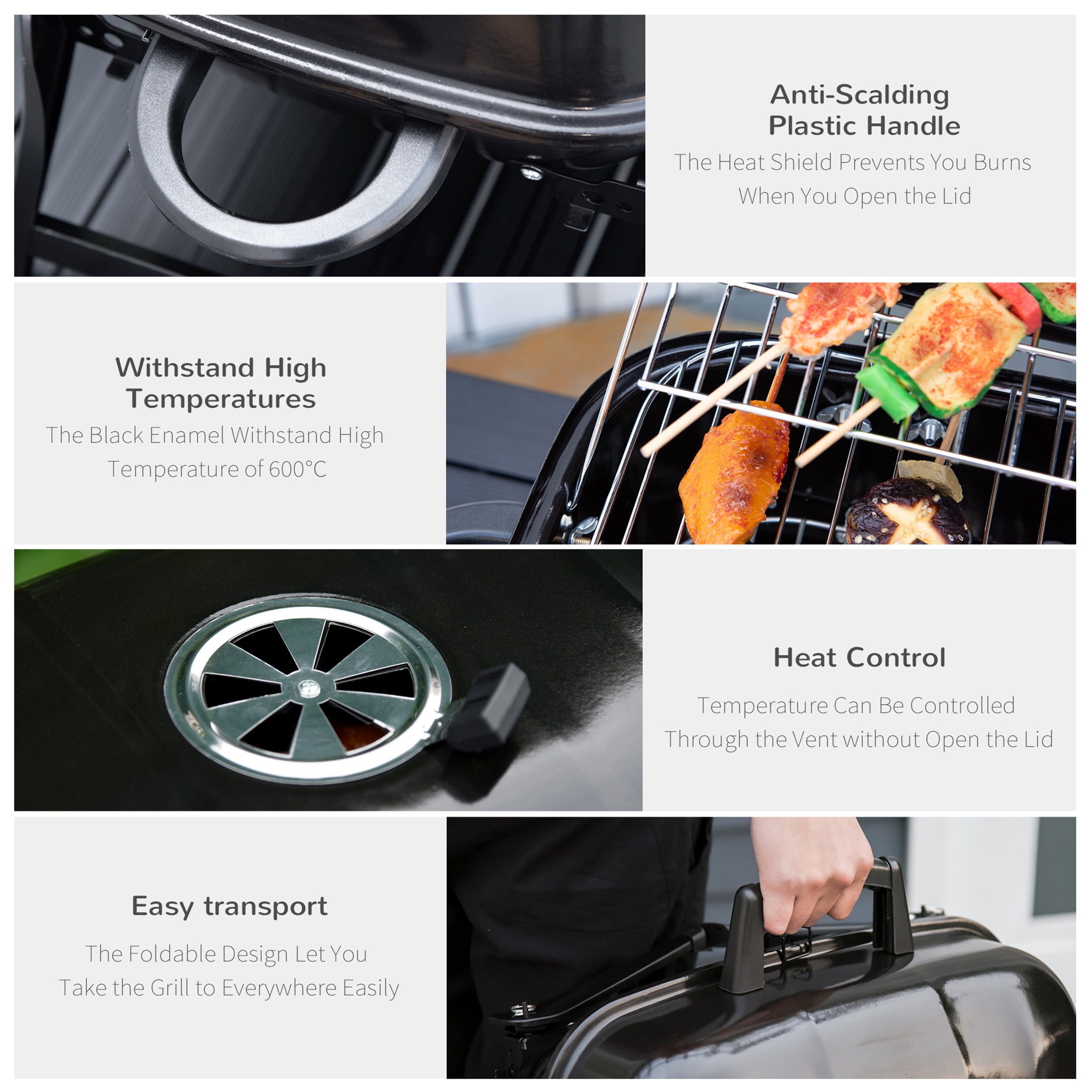ChromaCore 14" Portable Charcoal Grill,Tabletop Small BBQ Grill for Outdoor Cooking,Camping,Tailgating,Enamel Coated,Vent,Folding Legs,Black