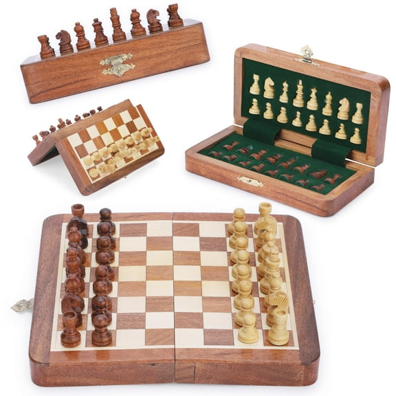 Ajuny Magnetic Travel Chess Set - Handcrafted Acacia Wood, Foldable Board with Elegant Storage Ages 7x7 inch