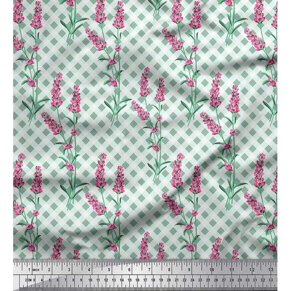 Soimoi Green Cotton Duck Fabric Check,Leaves & Pink Floral Printed Fabric 1 Yard 42 Inch Wide