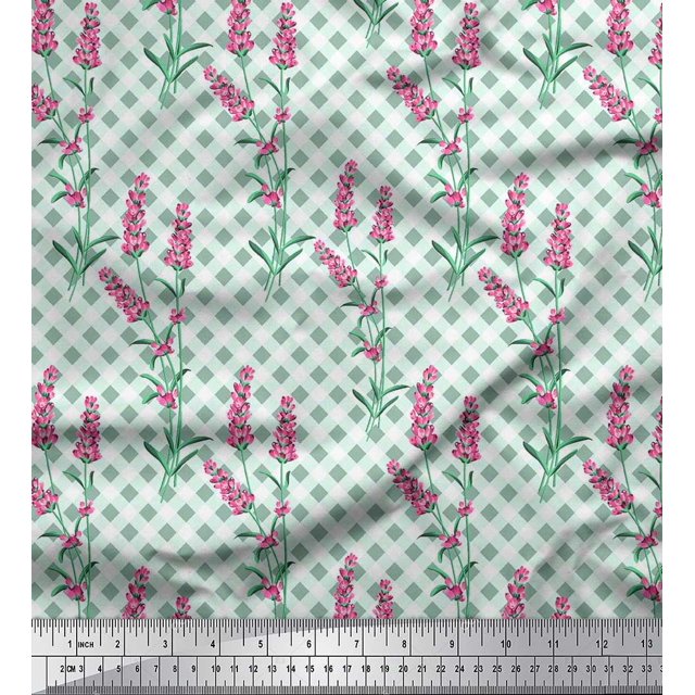 Soimoi Green polyester Crepe Fabric Check,Leaves & Pink Floral Print Fabric by Yard 42 Inch Wide