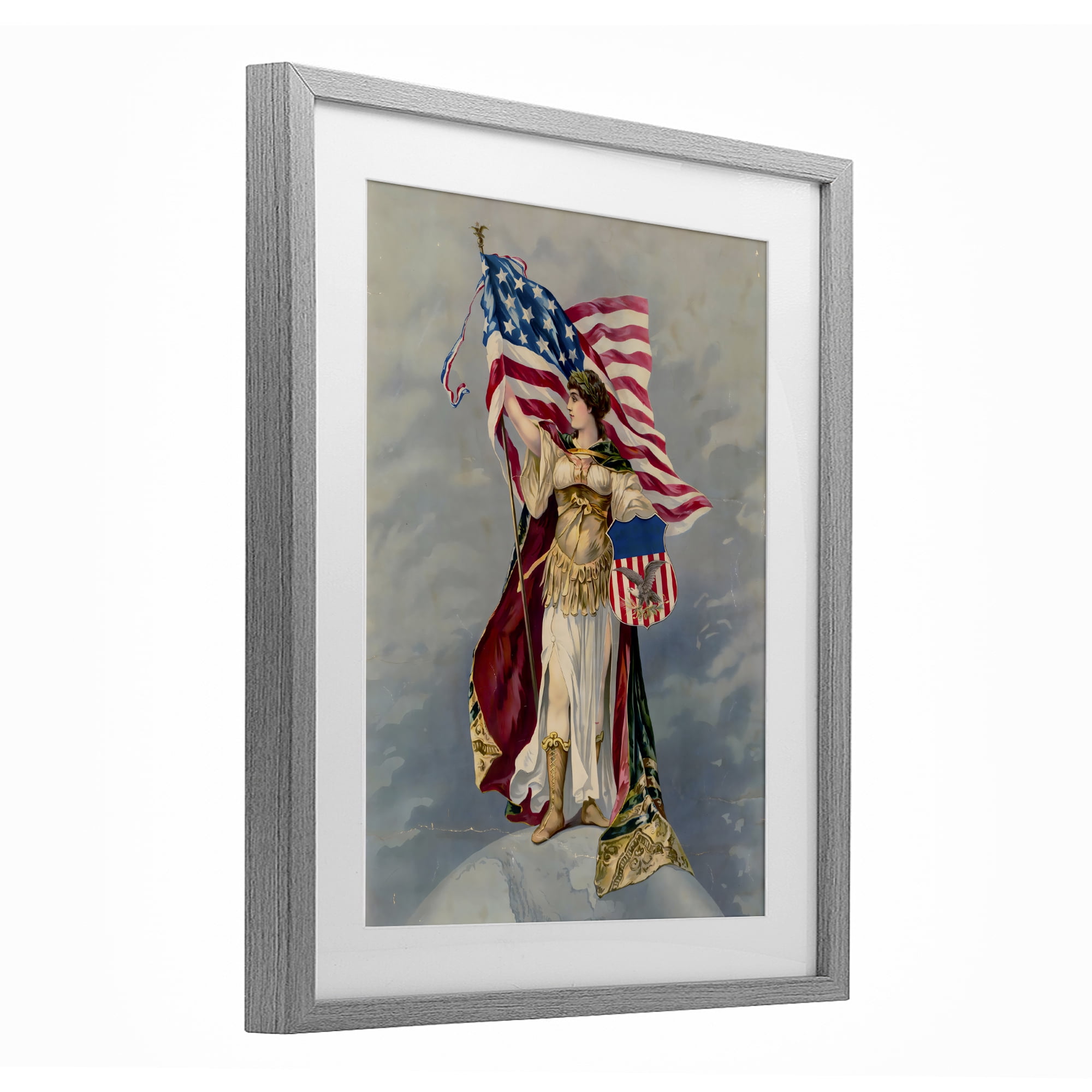 Stupell Industries Columbia Standing with American Flag Gray Framed Print Under Glass, design by Arlington Prints