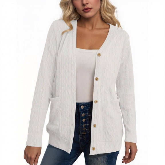 HAiming Womens Knit Cardigan Long Sleeve Button down V Neck Solid Color Lightweight Sweaters with Pockets