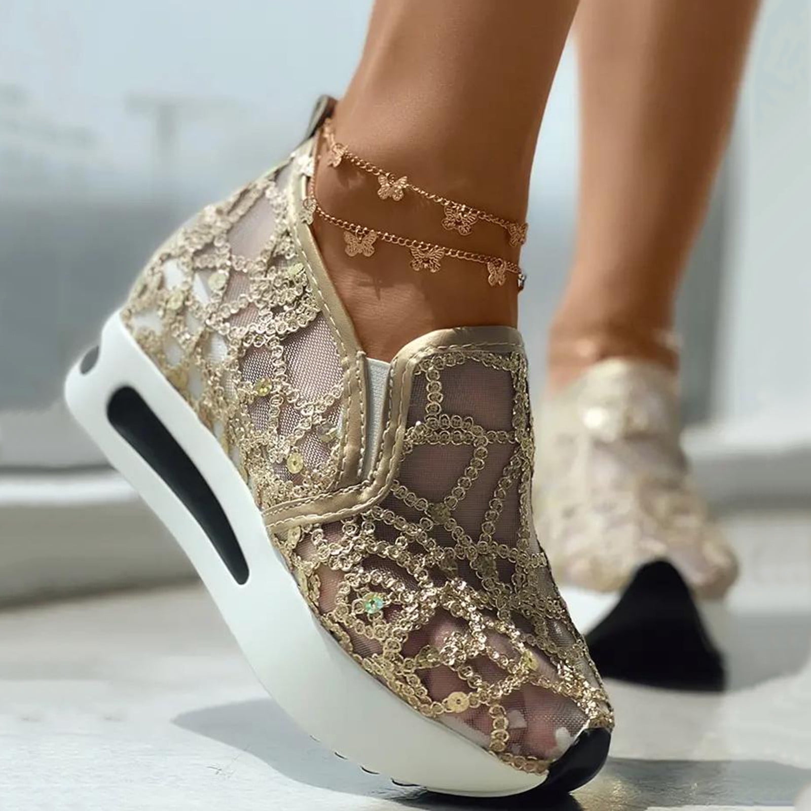 Dakaela Platform Wedge Sneakers for Women Hidden High Heels Slip on Loafers Walking Work Shoes Gold 6