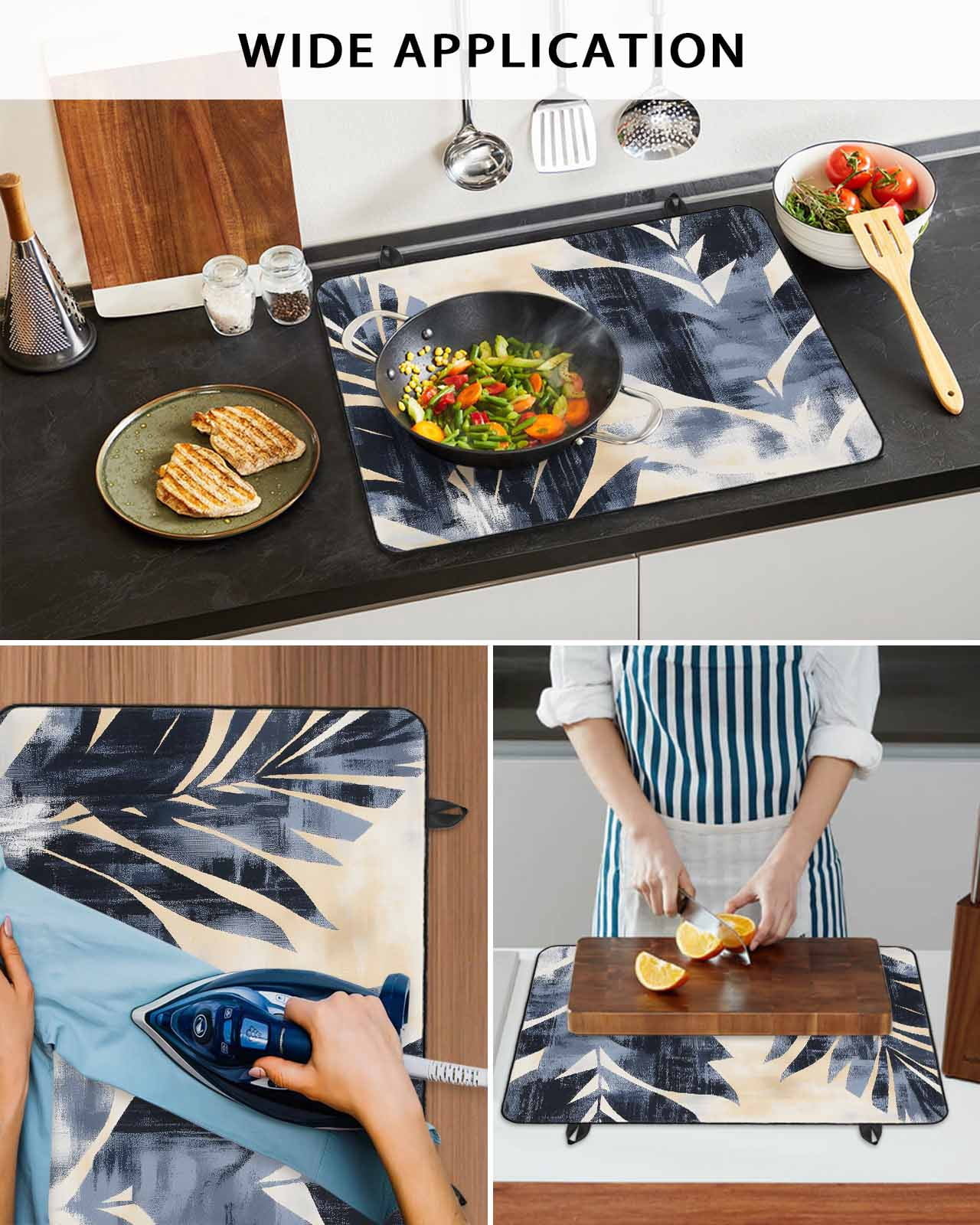 nqOlkjepod Large Induction Cooktop Protector Mat 24"x21", Navy Blue Botanical Stove Top Covers for Electric Stove, Vintage Tropical Palm Leaves Stove Burner Cover Mats, Glass Top Stove Cover