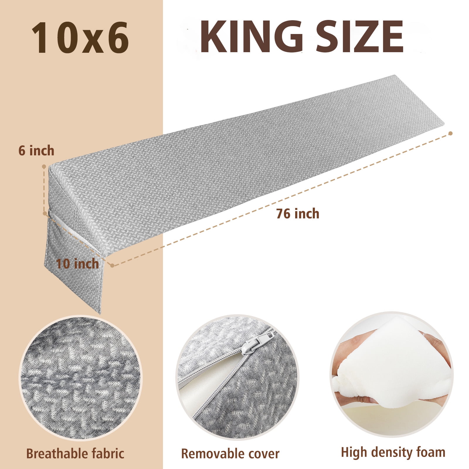 SORMAG Wedge Pillow Headboard,Bed Wedge Pillow for Headboard,Bed Mattress Gap Filler,Headboard Pillow,Pillow Wedge for Headboard Gap(0-8") Grey King Size 76"x10"x6"