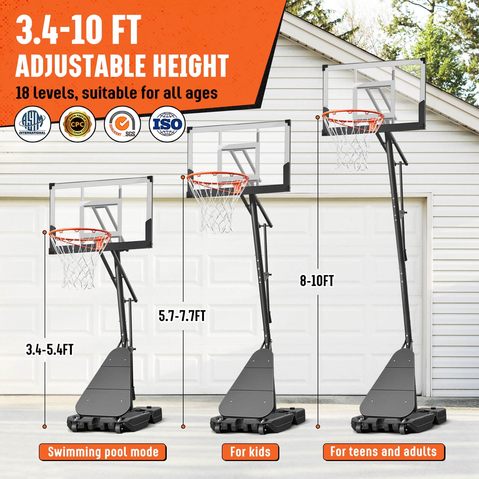 SERAY Adjustable Basketball Hoop 3.4-10 Feet, Portable Basketball Goal with 40 Inch Shatterproof Backboard & Wheels, Indoor/Outdoor Basketball System for Kids, Teens & Adults