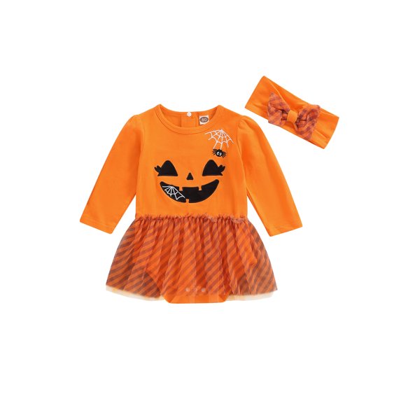 Bagilaanoe Halloween Outfits for Newborn Baby Girls Romper Dress + Headband 6M 12M1 8M 24M Infant Long Sleeve Ghost Face Print Jumpsuit