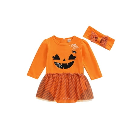 

Bagilaanoe Halloween Outfits for Newborn Baby Girls Romper Dress + Headband 6M 12M1 8M 24M Infant Long Sleeve Ghost Face Print Jumpsuit