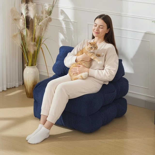 Sofá Cama Plegable – 3 en 1 Individual – Sillón Convertible con Colchón y Almohada – Pana Acanalada 10 mm – Fácil de Plegar – Sala o Dormitorio – Multifunción