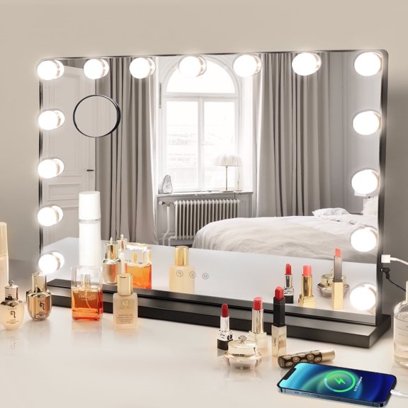 FanhSbrocade 23" Hollywood Vanity Mirror with 15 Dimmable LED Bulbs Lighted Makeup Mirror for Dressing Room, Bedroom, Smart Touch Switch, Black