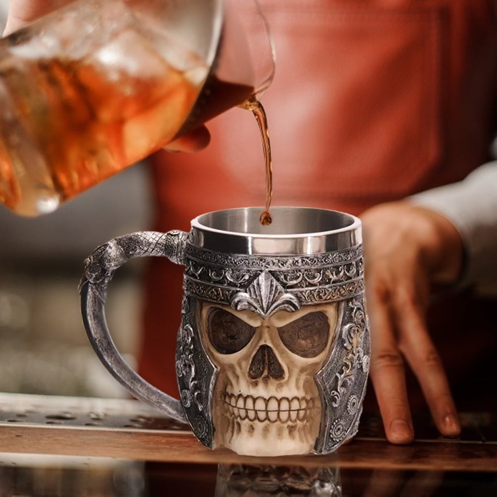 Retro Steel Mug Wooden Barrel Resin Coffee Beer Viking Skull Drinking Coffee Cup