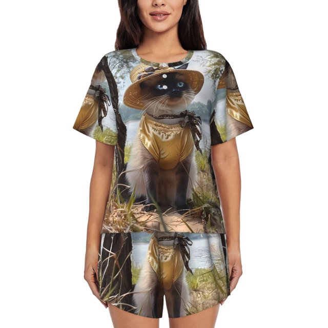 Fotbe Cat In Sun Hat Conjunto de Pijama Estampado para Mujer, 2 Piezas, Ropa de Dormir con Camiseta de Manga Corta y Shorts Suaves-Medium