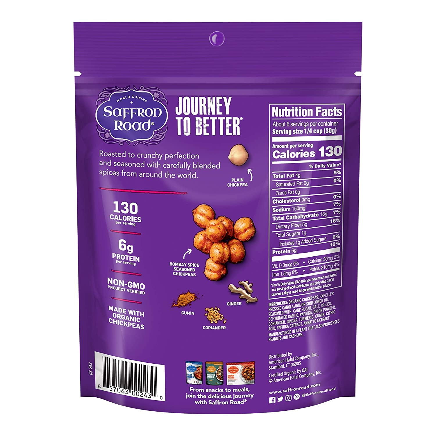 Saffron RoadOrganic Crunchy Chickpea Snacks-Gluten Free, Non-GMO, Kosher, Vegan (Bombay Spice, 5.4 oz (6 Pack))