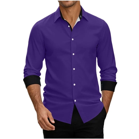 IYTR Men Long Sleeve Button Up Dress Shirts Contrast Cuff Lapel Solid Color Slim Fit Office Casual Top (Purple,XL)