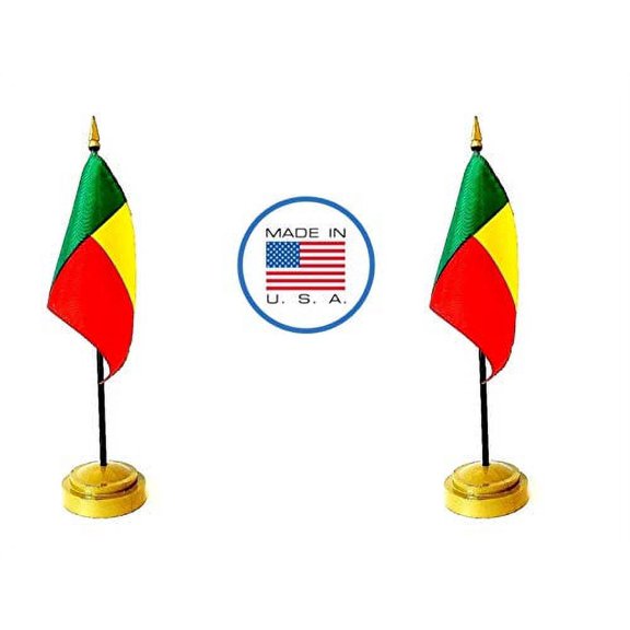 2 Benin Miniature Desk & Hand Waving Flags Set - Includes 2 Rayon 4"x6" Flags, 2 Bronze Stands, and 2 Mini Benin Stick Flags