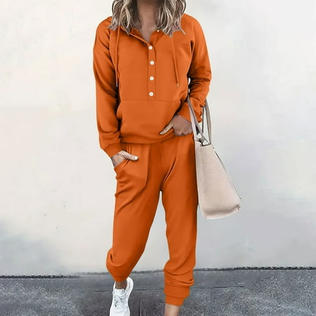 Fnooota Outfit Sets for Women 2 Piece Long Sleeve Casual Sweatshirts and Sweatpants Sets Orange Size 3XL