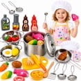 thumbnail image 6 of JoyStone Kids Cooking Playset, Stainless Steel Pots and Pans Pretend Play Kitchen Toy Set with Apron, Chef Hat, Cuttable Food and Seasoning Bottles for Age 3+, Pink, 6 of 10