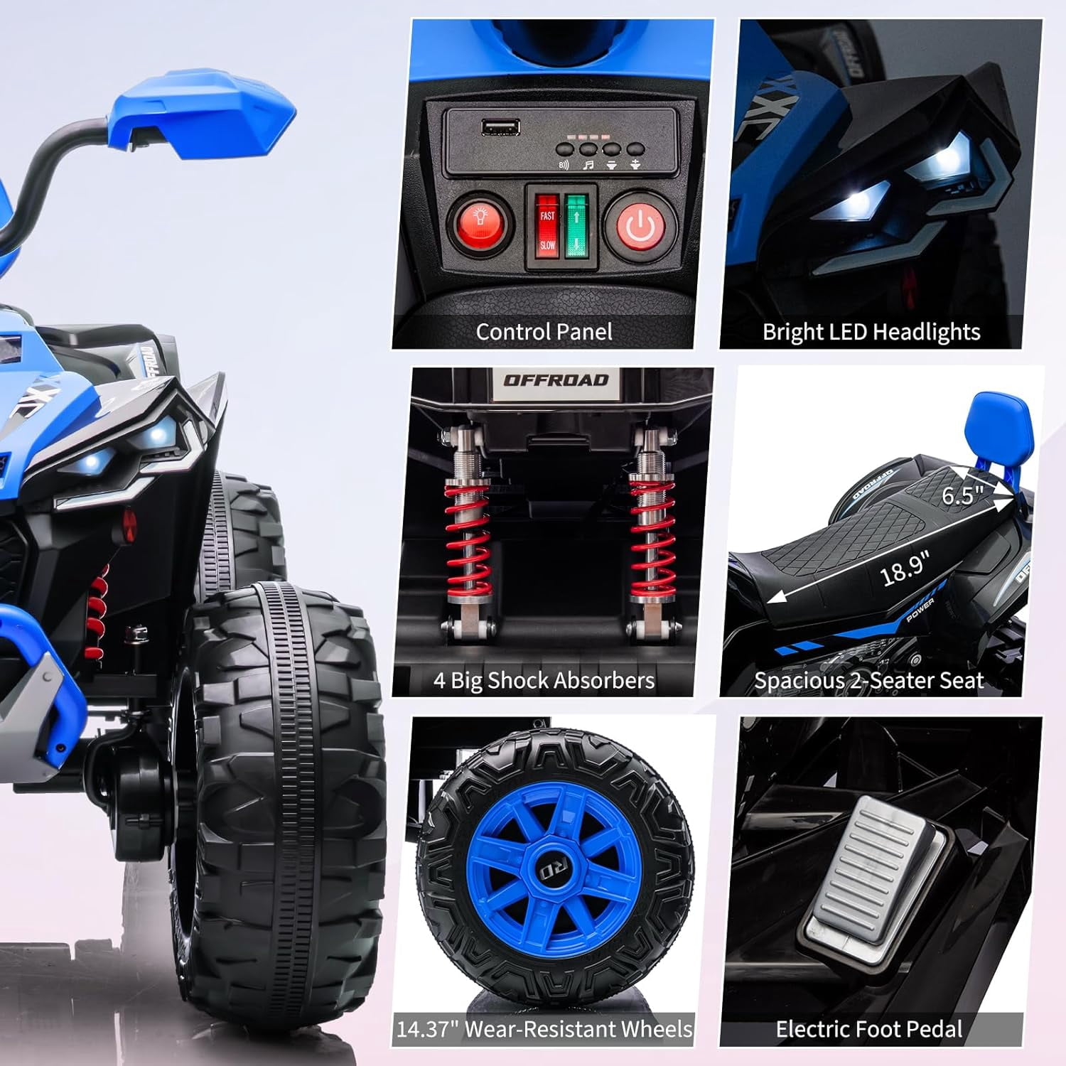24V Ride-On 2-Seater Electric ATV for Kids – Four-Wheel Off-Road Vehicle with 3-Speed Control, Hydraulic Suspension, Disc Brakes, LED Lights, MP3 Player & Multi-Axis Steering, Blue