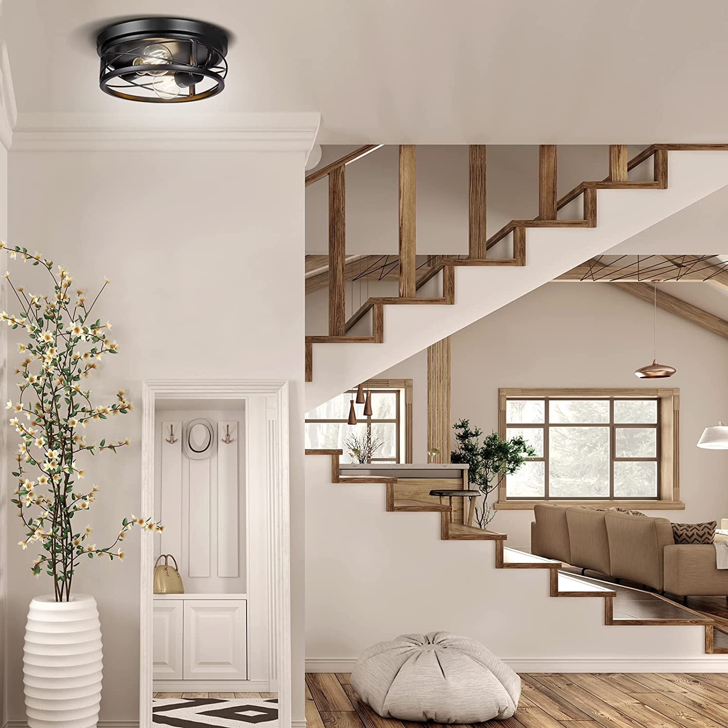 Pynsseu Farmhouse Flush Mount Ceiling Light, Oil Rubbed Black, Set of 2 with A19 LED Bulbs for Hallway, Bedroom