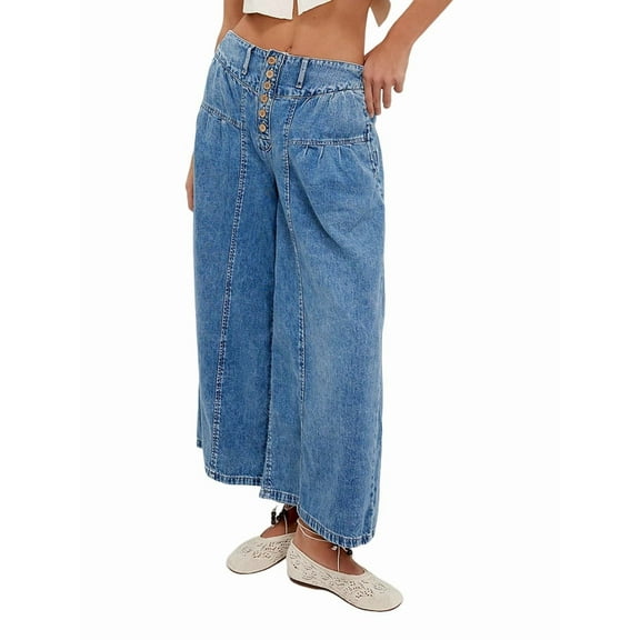 Womens Wide Leg Jeans Baggy Elastic Waist Button Boyfriend Casual Loose Denim Pants with Pockets Deep Blue XL