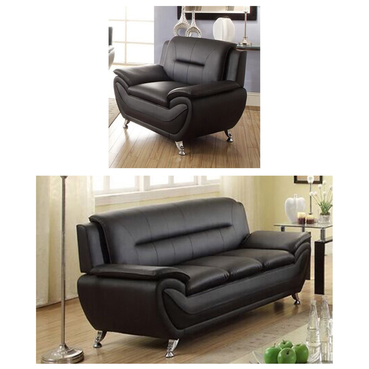 Norton Black Faux Leather Modern Living Room Sofa and 