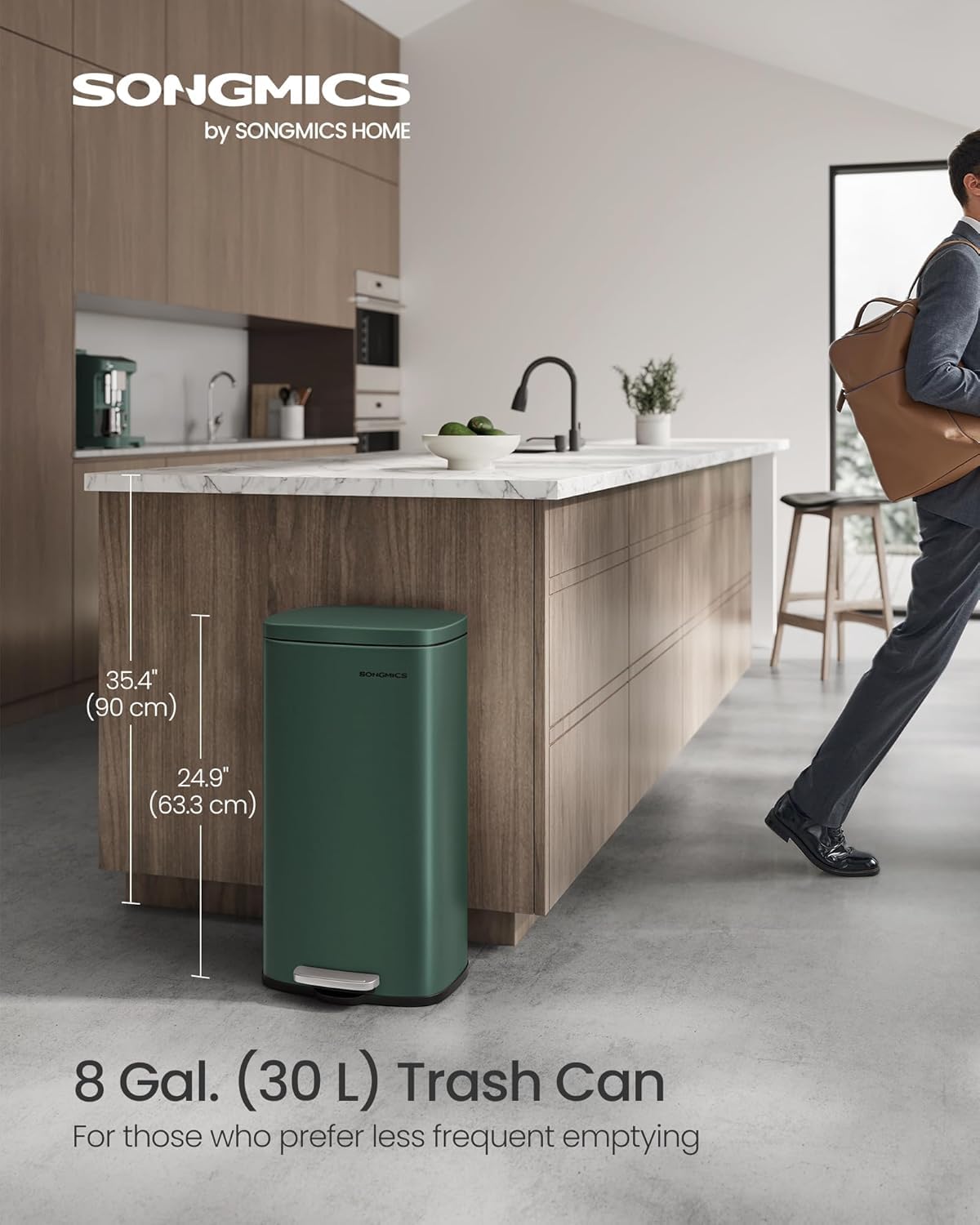 Trash Can with Lid, 8 Gallon Garbage Can, Stainless Steel Small Waste Bin with Step Pedal and Inner Bucket, Soft Close, Kitchen
