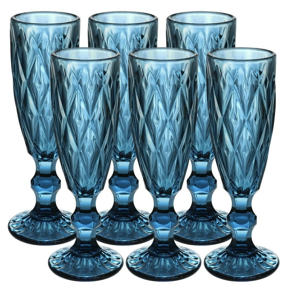 FOUNDLDF Vintage Embossed Glass Champagne Glass Set - 6pcs, 5 oz/150 ml, Classic Green Wine Glasses for Wine, Beer, Cocktails, Whiskey, Fruit Juice, Wedding, Office, Family Gathering, Blue